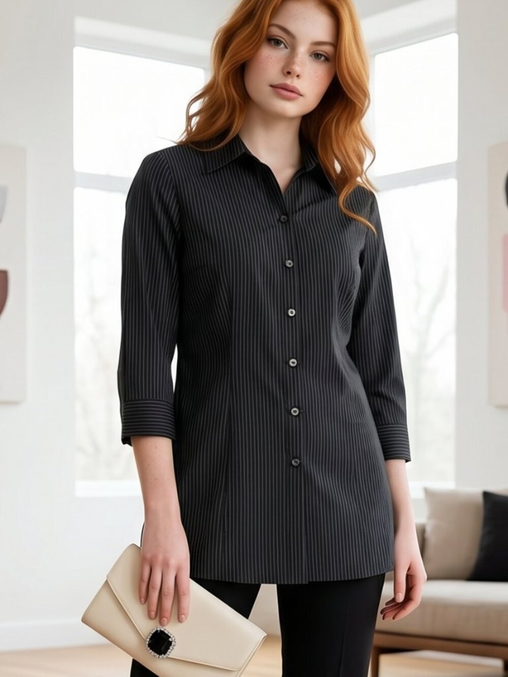 New York & Co CityStretch Classic Black Button Down Pinstripe Women's Shirt Sz L